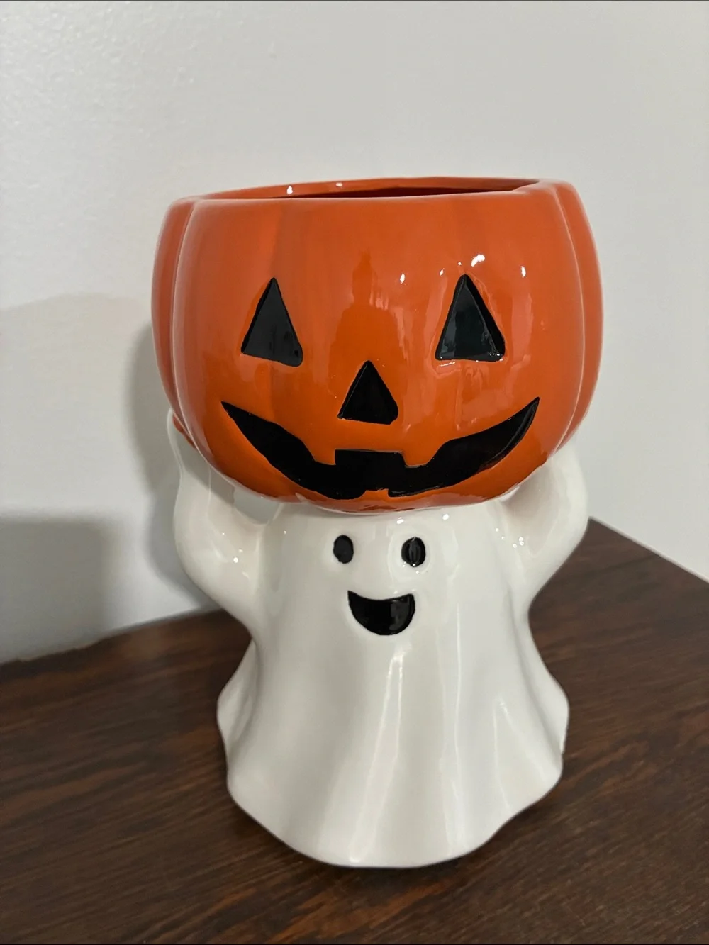 NWT- Hand Painted Ceramic Halloween Ghost & Jack-o-lantern Pumpkin Candy Bowl
